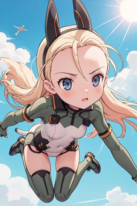 <lora:sg_elise_v10:1> 1girl, solo, elise, 
pilot suit, animal ears, tail, in sky, cloud, sun, from above, flying, jumping, (stre...