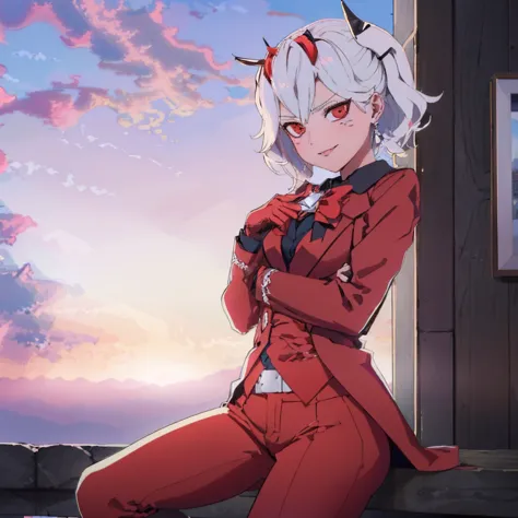 anime girl in red outfit sitting on ledge with her arms crossed