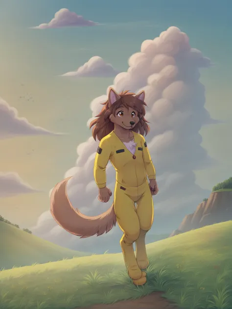 a cartoon cat in a yellow suit running on a hill