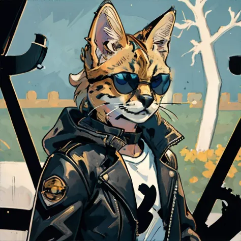 <lora:serval:0.7>, anthropomorphic servalcat wearing leather jacket and sunglasses || masterpiece, perfect quality, sharp focus,...