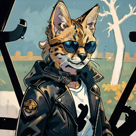 <lora:serval:0.7>, anthropomorphic servalcat wearing leather jacket and sunglasses || masterpiece, perfect quality, sharp focus, shallow depth of field, 8k