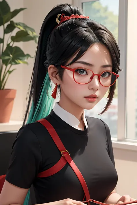 anime girl with long black hair and red glasses sitting at a desk