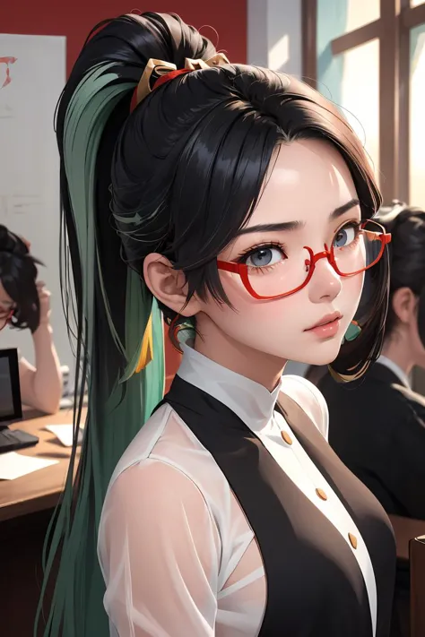 anime girl with long black hair and red glasses in a classroom