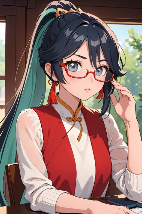 (masterpiece, best quality), 1girl,  <lora:xianyun_v1:1> xianyun,  glasses,ponytail, red-framed eyewear, under-rim eyewear,ponytail