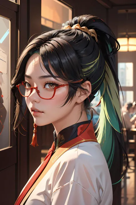 (masterpiece, best quality), 1girl,  <lora:xianyun_v1:1> xianyun,  glasses,ponytail, red-framed eyewear, under-rim eyewear,ponytail