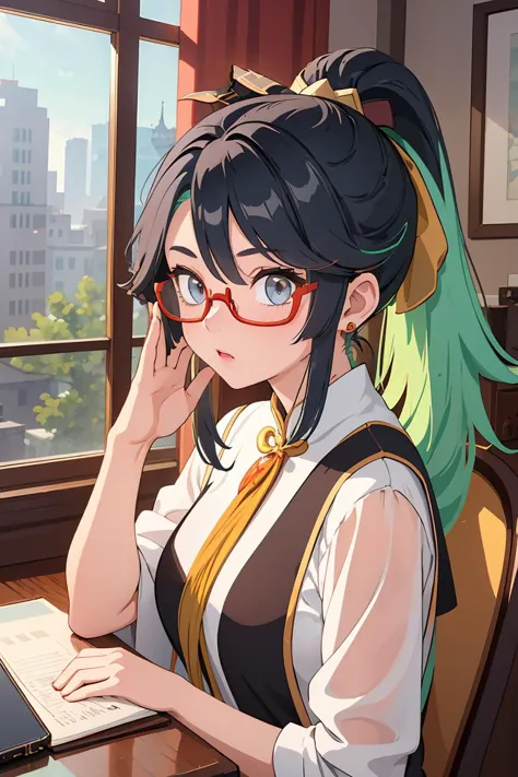 anime girl with glasses sitting at a desk with a laptop