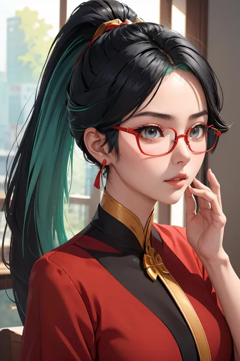 (masterpiece, best quality), 1girl,  <lora:xianyun_v1:1> xianyun,  glasses,ponytail, red-framed eyewear, under-rim eyewear,ponytail