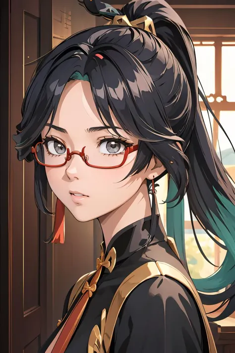 a close up of a woman with glasses and a ponytail