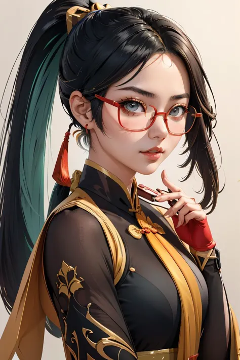 (masterpiece, best quality), 1girl,  <lora:xianyun_v1:1> xianyun,  glasses,ponytail, red-framed eyewear, under-rim eyewear,ponytail