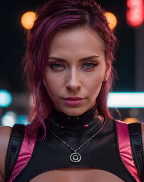 Neonpunk style filmisch film still breathtaking  (realistisch, photorealistisch),  Eine 30-jährige Frau, die einen BDSM-Anzug trägt, (hochwertige Haut:1), (high ausführlich face skin:1.1), (realistisch iris:1.1), (realistisch pupils:1.1),  (Hautporen, Hautunreinheiten),
 Madisonivyquiron-Frau, . Preisgekrönt, Fachmann, highly ausführlich . geringe Schärfentiefe, vignette, highly ausführlich, Hollywood-Film mit hohem Budget, bokeh, Cinemascope, Launisch, Epos, wunderschön, Filmkorn, körnig . cyberpunk, Dampfwelle, Neon, Vibes, beschwingt, atemberaubend schön, knackig, ausführlich, glatt, modern, Magentafarbene Highlights, dunkelviolette Schatten, Hoher Kontrast, filmisch, ultra ausführlich, kompliziert, Fachmann