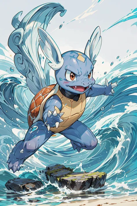 a cartoon of a blue and white pokemon character running through a wave