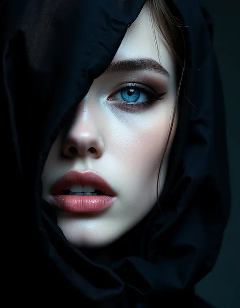 origami style (dark mood masterpiece photography:1.2), a mysterious slender woman with blue eyes and bold eyeliner, she has sens...