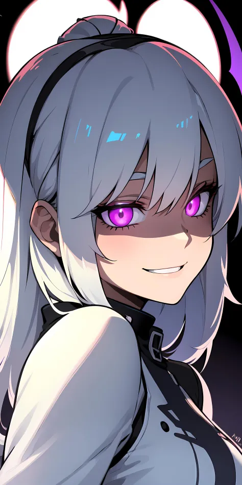 from side, 1girl, white hair, purple eyes, glowing eyes, evil smile, (shaded face:1.2),
