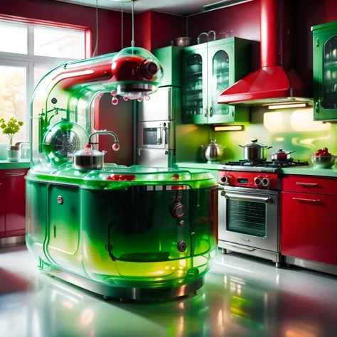 there is a green and red kitchen with a sink and stove