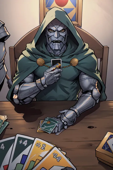 a cartoon of a man in a hoodie sitting at a table with cards