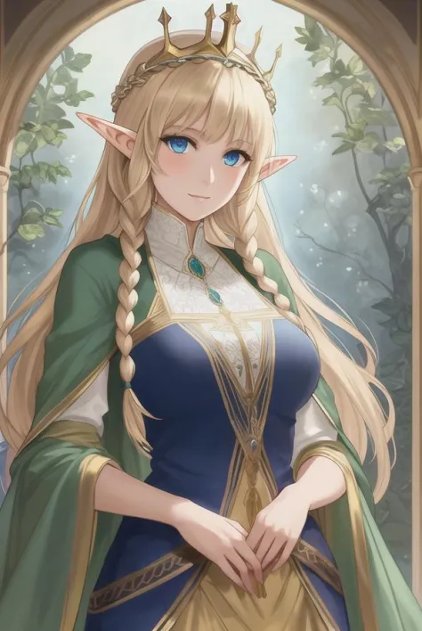 elven queen, elf, pointy ears, halfbody, masterpiece, blue eyes, intricate dress, blonde hair, long hair, long braids, crown, gr...