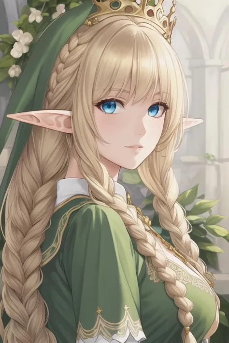 elven queen, elf, pointy ears, halfbody, masterpiece, blue eyes, intricate dress, blonde hair, long hair, long braids, crown, gr...