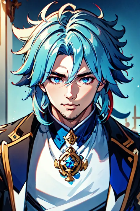 a close up of a person with blue hair and a necklace