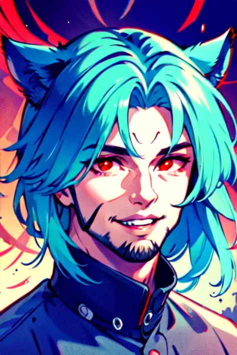 a close up of a person with blue hair and a cat ears