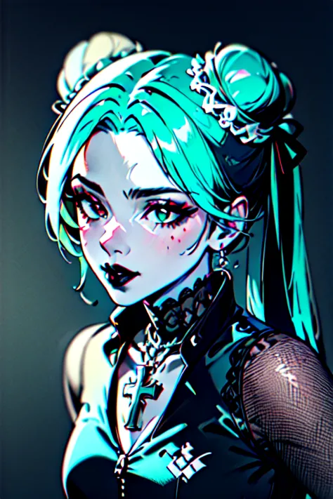 masterpiece, best quality, 1girl, solo, long hair, twin tails, hair buns, multicolored hair,two-tone hair, white hair, green hair, black hair,bangs, makeup, black lips, lipstick, mascara, eyeshadow, cross necklace, hair bow, front bow, lace jacket, lace gloves, fishnets, black leggings, gothic attire, dynamic angle, side lighting, shiny skin, detailed eyes, detailed face,