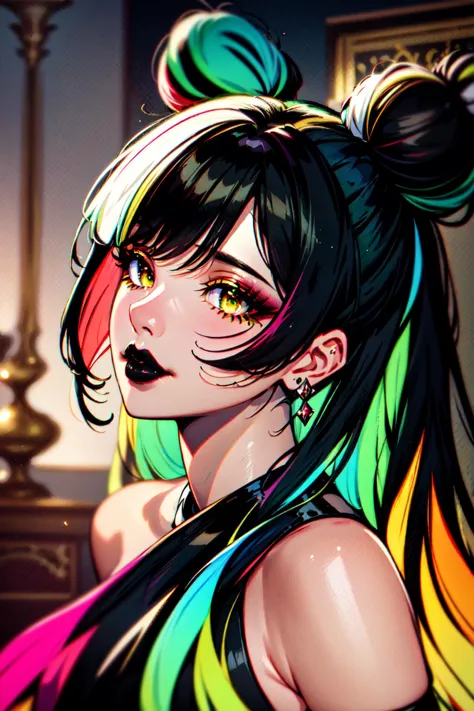 masterpiece, best quality, 1girl, solo, long hair, twin tails, hair buns, multicolored hair,two-tone hair, white hair, green hair, black hair,bangs, makeup, black lips, lipstick, mascara, eyeshadow, hazel eyes, dark haired woman wearing WHM_Glam, (zentangle, mandala, tangle, entangle:0.6),  <lyco:AFG_WHM_Glam:0.7>