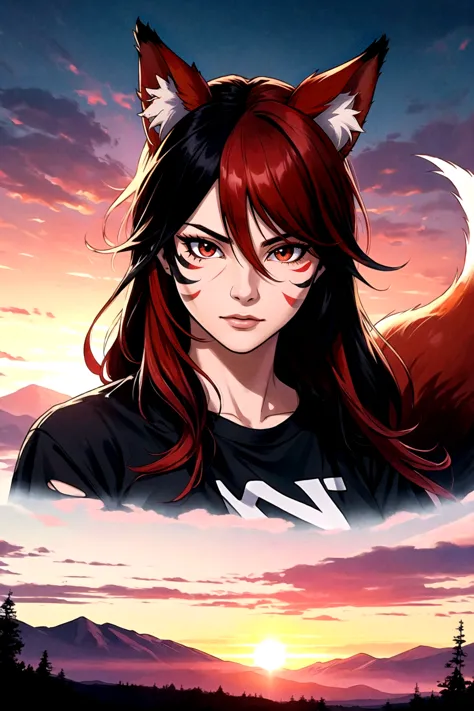 anime girl with red hair and cat ears in front of a sunset