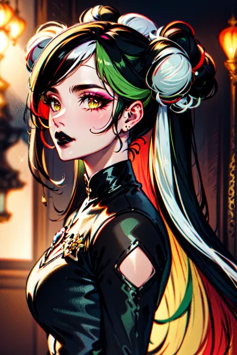 masterpiece, best quality, 1girl, solo, long hair, twin tails, hair buns, multicolored hair,two-tone hair, white hair, green hair, black hair,bangs, makeup, black lips, lipstick, mascara, eyeshadow, hazel eyes, dark haired woman wearing WHM_Glam,agf (zentangle, mandala, tangle, entangle:0.6),  <lyco:AFG_WHM_Glam:0.7>