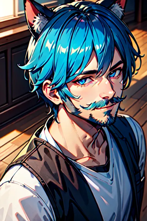 anime guy with blue hair and a cat ears