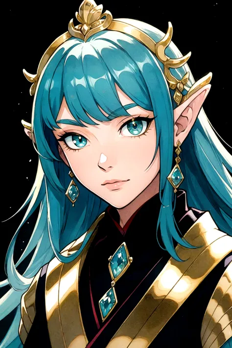 a close up of a person with blue hair and a crown