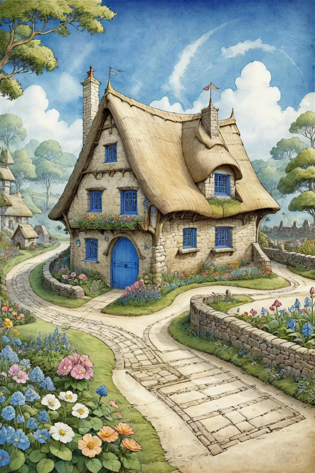 ON PARCHMENT,INK ILLUSTRATION,bl3uprint,A detailed blueprint for the construction of an elf garden,a fairy-tale thatched house,a large number of flowers,a flower border,a stone road,a low bridge,