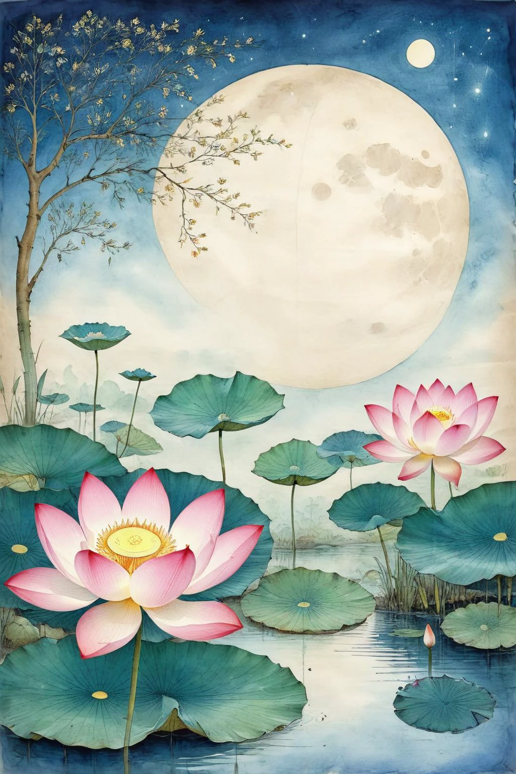 SUR PARCHEMIN,illustration d&#39;encre,bl3uprint,Clair de lune d&#39;étang de lotus,