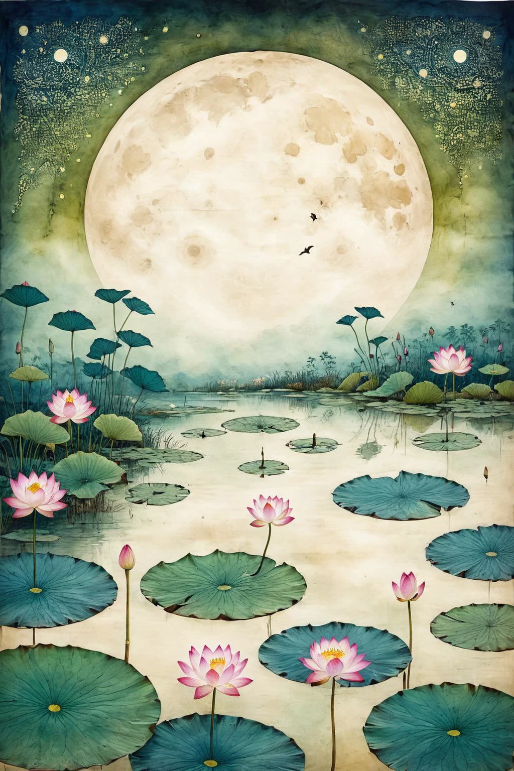 ON PARCHMENT,INK ILLUSTRATION,bl3uprint,Lotus Pond Moonlight,