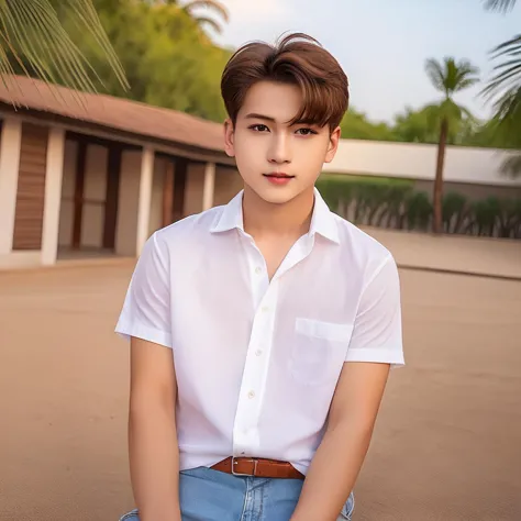 a close up of a person sitting on a bench wearing a white shirt