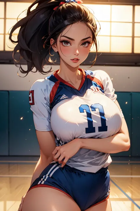 (masterpiece, best quality, hires, high resolution:1.2), (beautiful, aesthetic, perfect, delicate, intricate:1.2), (cute, adorable), (depth of field:1.2), cinematic lighting, bloom, (1girl, solo), (sexy mature woman), (eyeliner, eyeshadow, glossy lips), (gigantic breasts), (volleyball uniform, tight clothes), (micro shorts), court , sexy, (dynamic pose), from front, <lora:RageUnleashed:0.4>, r1ge,