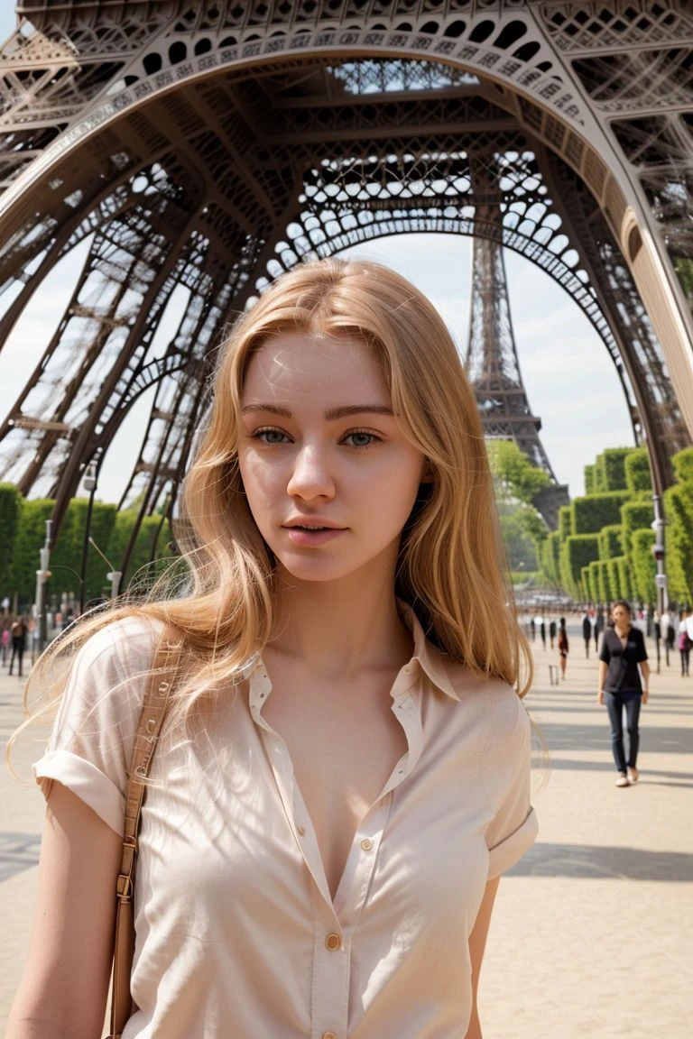 full_body, standing, sandals, (shirt), pants, (eiffel tower), (fgella: 1.2), perfect face, (contact iris: 1.1), pale skin, skin pores , depth of field