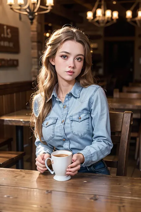 1 mulher americana em um café sentada em uma mesa. Bule de café, xícara na mesa. Decoração Rústica. Vestindo uma camisa xadrez e jeans azul. 