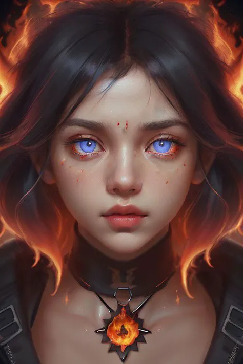 (Bold Pop:1.5), impactful color paint of a bangs haired woman in a cool style, RAW photo of an (Indian model:1.3). Woman, 24 years old, a macro-close-up of a woman's face with fire on her face, half of the face, fire in eyes, bright fire eyes, fire eyes, fiery eyes, red fire eyes, (cheekbones), fiery hair, thin nose, great digital art with details, face melting into the universe, fire particles in front, fire through eyes, highly detailed vfx portrait, glowing ember eyes, cinematic digital art, fire particles, fiery scorching red eyes.