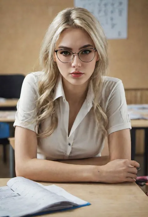 a woman sitting at a desk with a book and glasses