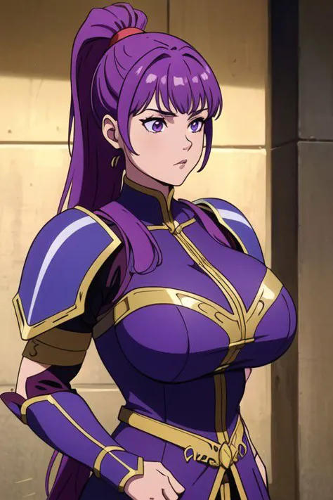 a woman in a purple outfit with long hair and a ponytail