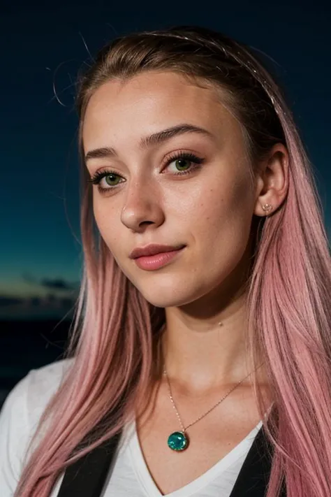 RAW photo of 21 year old girl, pink hair, (headshot:1.1) portrait on a nighttime background, lips open, sharp focus, best qualit...