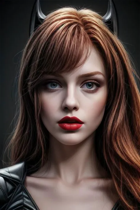 8k uhd epiCRealismo, Foto de retrato extrema de 1 garota sexy, ((bem repartido)), delgado, ((Batgirl:1.1)) com cabelo ruivo olhos perfeitos, boca perfeita, (batom vermelho), Rosto Perfeito, em pé, parecendo durão ((iluminação de estúdio))) (((câmera de estúdio)))