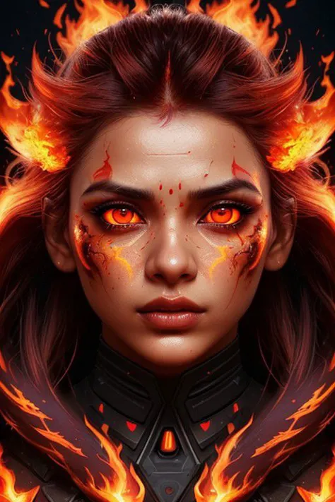 (Bold Pop:1.5), impactful color paint of a bangs haired woman in a cool style, RAW photo of an (Indian model:1.3). Woman, 24 years old, a macro-close-up of a woman's face with fire on her face, half of the face, fire in eyes, bright fire eyes, fire eyes, fiery eyes, red fire eyes, (cheekbones), fiery hair, thin nose, great digital art with details, face melting into the universe, fire particles in front, fire through eyes, highly detailed vfx portrait, glowing ember eyes, cinematic digital art, fire particles, fiery scorching red eyes.