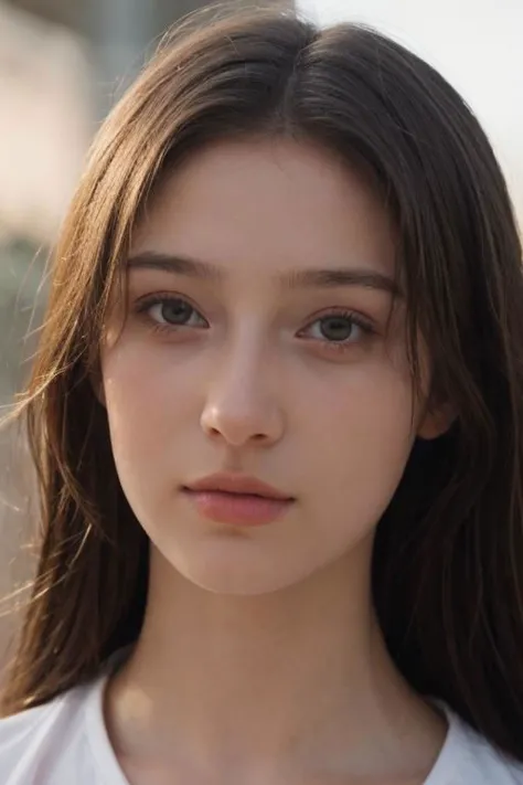 a woman with long hair and a white shirt looking at the camera