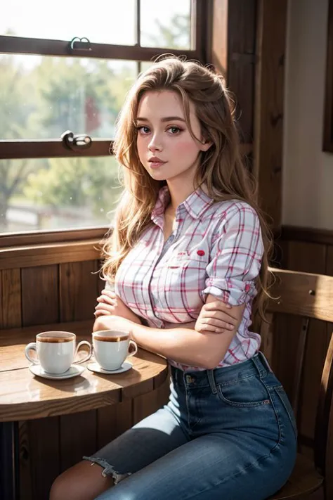 19 year old American woman in a coffee shop sitting at a table. Coffee pot and cup on the table. Rustic decor. Wearing a plaid s...