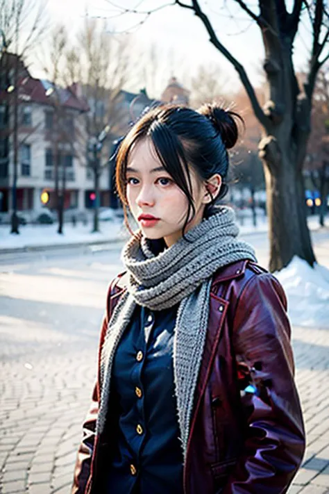 Best Quality, Masterpiece, Ultra High Resolution, (Realisticity: 1.4), Original Photo, Cinematic Lighting, 1Girl, Cute, detailed face, winter clothes, outdoors, tree, park, walking, cowboy shot, floating hair, red scarf, ca45mv7-100, intricatedetails, myself-badhand-v5.