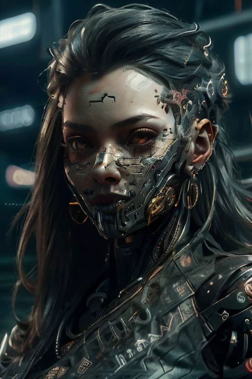 Cyberpunk,1girl,cyberpunk,neon lights,solo,jewelry,long hair,earrings,blurry,belt,midriff,collar,breasts,lips,blurry background,parted lips,navel,black hair,realistic,piercing,science fiction,bare shoulders,looking at viewer,outdoors,choker,arms at sides,upper body,depth of field,bracelet,crop top,city,mechanical arms,standing,small breasts,single mechanical arm,brown eyes,red hair,medium breasts,cowboy shot,cable,collarbone,armlet,chain,night,looking to the side,brown hairlight,multicolored hair,artist name,navel piercing,closed mouth,prosthesis,sign,signature,android,
best quality,masterpiece,illustration,an extremely delicate and beautiful,CG,unity,8k wallpaper,Amazing,finely detail,masterpiece,official art,extremely detailed CG unity 8k wallpaper,incredibly absurdres,huge filesize,ultra-detailed,highres,extremely detailed,beautiful detailed girl,realistic,