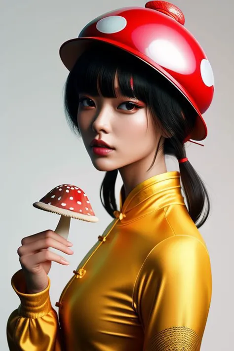 a woman in a red helmet holding a mushroom in her hand