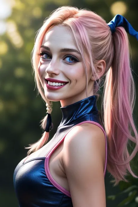 Beautiful girl Harley Quinn is 25 years old, close-up face, blonde hair, hair on her head is gathered in ponytails, these ponytails are colored pink and blue, the girl has white teeth. The girl smiles tenderly, and she is happy. Harley has two pigtails on her head, her hair is held together with white hair bands. The ends of the pigtail hair on the right are colored pink, the pigtail hair on the left is blue. Summer, a bright sunny day. Good lighting.
Anatomical photo, realistic, photorealism, professional photo, clarity drawn body details, augmented reality, hyperrealistic, hyperdetalization,clarity, very high detail, elegant, 12k digital photo quality, lots of details, professional design, very high resolution, professional photo, contrast, augmented details of the environment and background, filigree, emotional, touching, a masterpiece, clear drawing of the details of the environment, photographic clarity and depth of drawing, festive atmosphere, 1/250s, f/30, 3D, HDR.