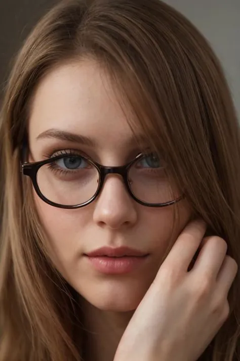 Close-up photo of a beautiful Irish girl, wearing glasses, adorable face, red long layered hair, light makeup, realistic skin texture, low saturation, dark tone, inspired by Alessio Albi, f1. 4, 85mm lens, hyper realistic , lifelike texture, dramatic lighting, professional shot, heavy shadows, dynamic pose, innocent, flirty look, ca45mv7-100