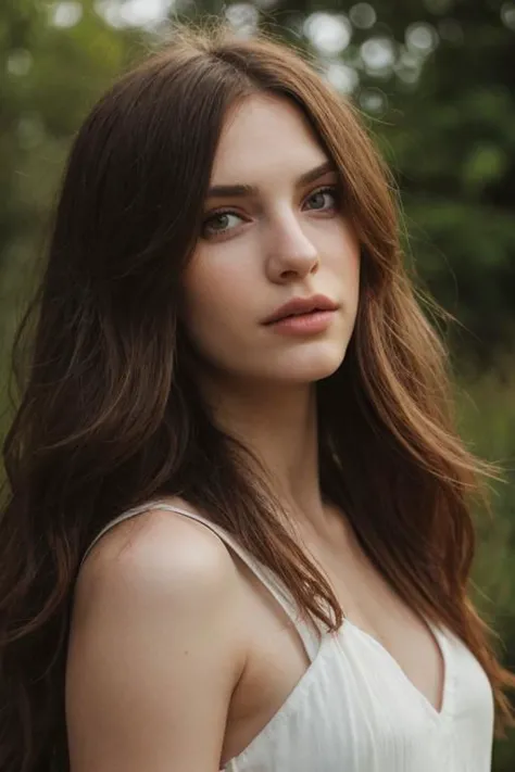 a woman with long hair and a white dress posing for a picture